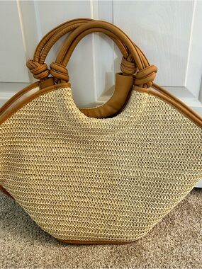 No Boundaries Beige Woven Tote with Tan Handles